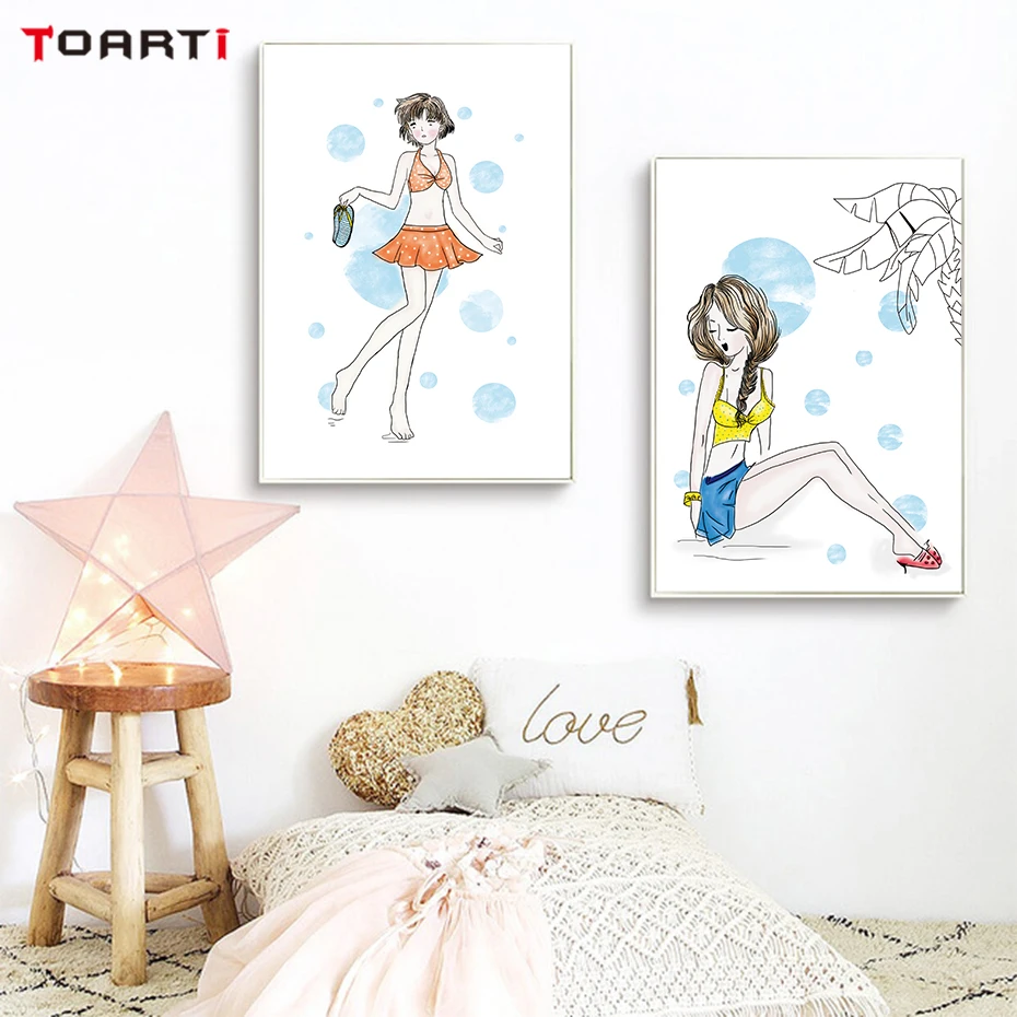 Sweet Girls Swimsuit Show Wall Art Colorful Cartoon Canvas Painting Modern Pictures Vintage Posters&ampPrints Room Home Decor | Дом и сад