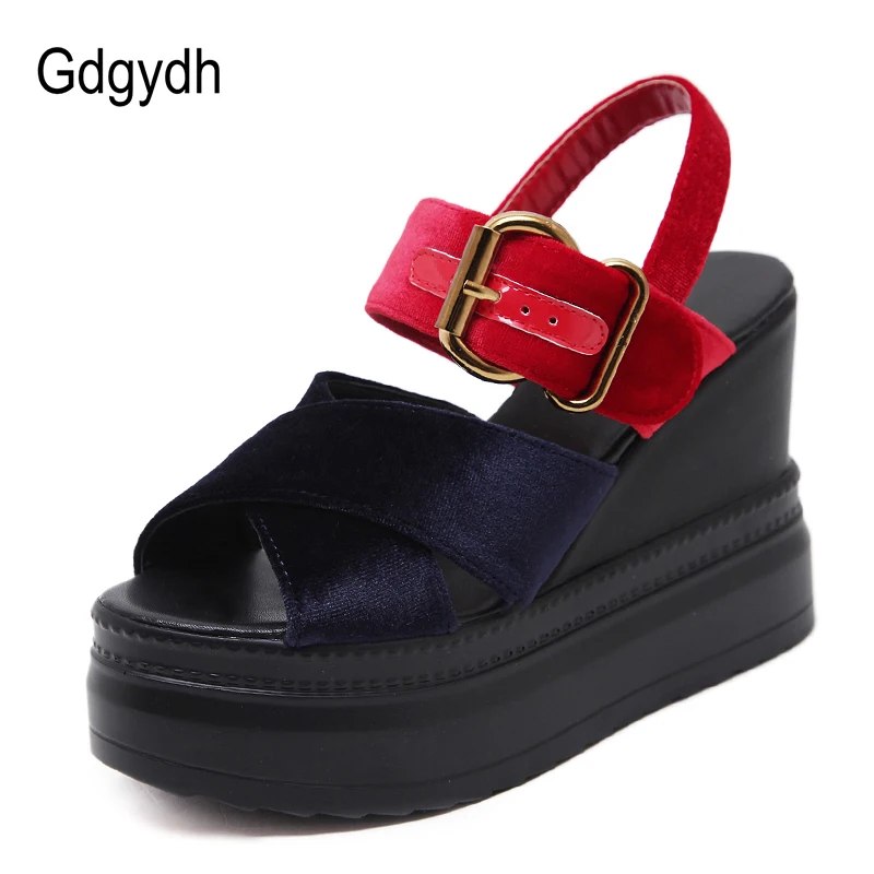 Gdgydh/Прямая ; Босоножки на платформе; женская летняя обувь на танкетке; женская повседневная обувь на высоком каблуке с пряжкой и ремешком; Летняя обувь; цвет красный, желтый