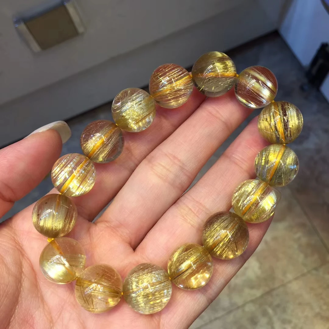 

14mm Natural Gold Rutilated Titanium Quartz Bracelet Brazil Women Men Round Beads Crystal Stretch Jewelry Certificate AAAAAA