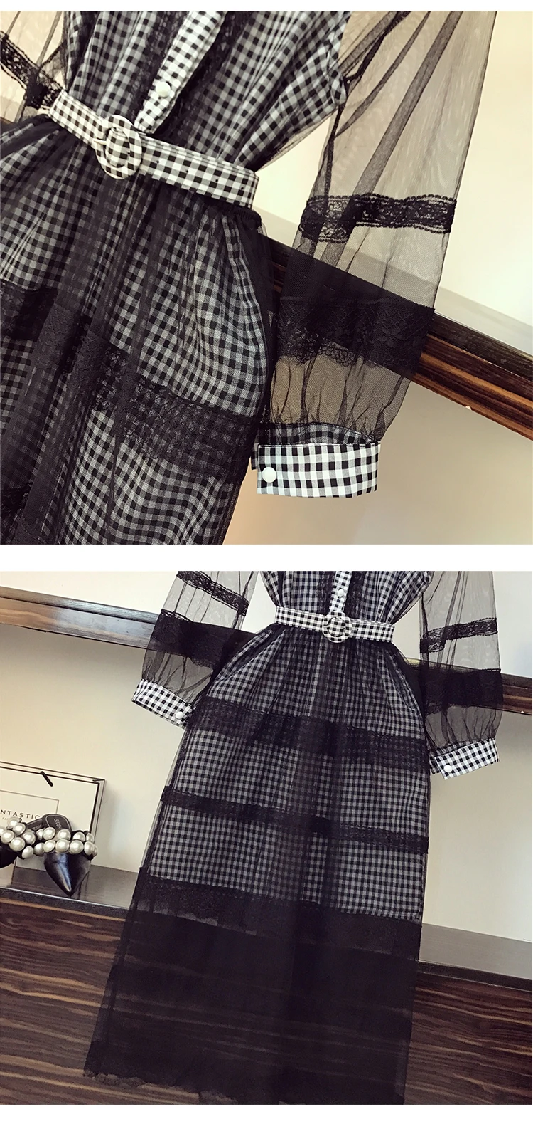 ALPHALMODA, перспективное кружевное платье+ платье в клетку, комплект из 2 предметов, элегантный комплект с отложным воротником, однобортное изящное платье