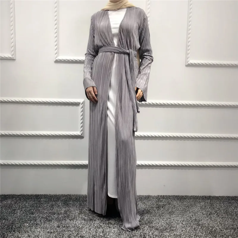 LIGHT GRAY Элегантное мусульманское Плиссированное Платье-туника абайя, кардиган с расклешенными рукавами, длинный халат, Рамадан, арабское исламское платье, одежда для поклонения - Цвет: LIGHT GRAY