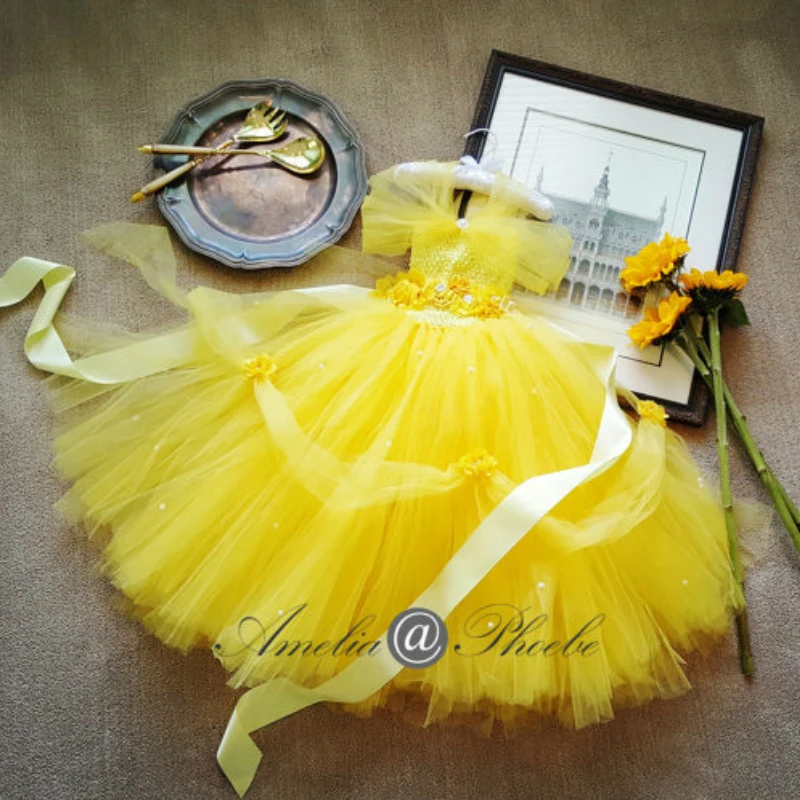 Vestido de tutú de princesa bella con cinturón de flores para fiesta de boda, Cosplay de La Bella y La Bestia, vestidos amarillos de tutú de niña de flores