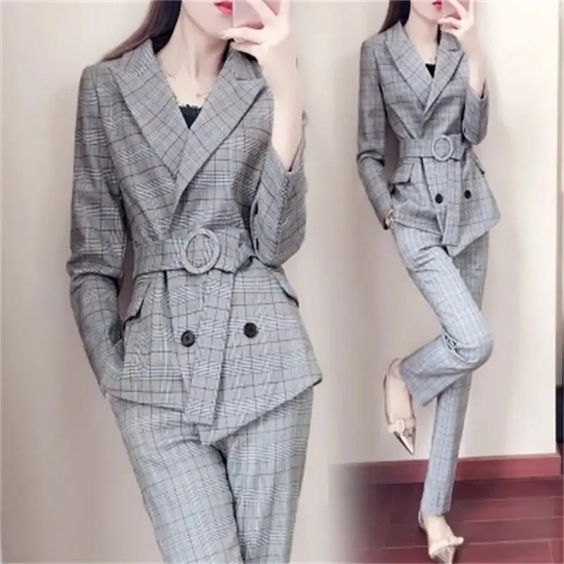 

Fashion Plaid suit female New Korean version of the waist temperament British wind suit pants two sets