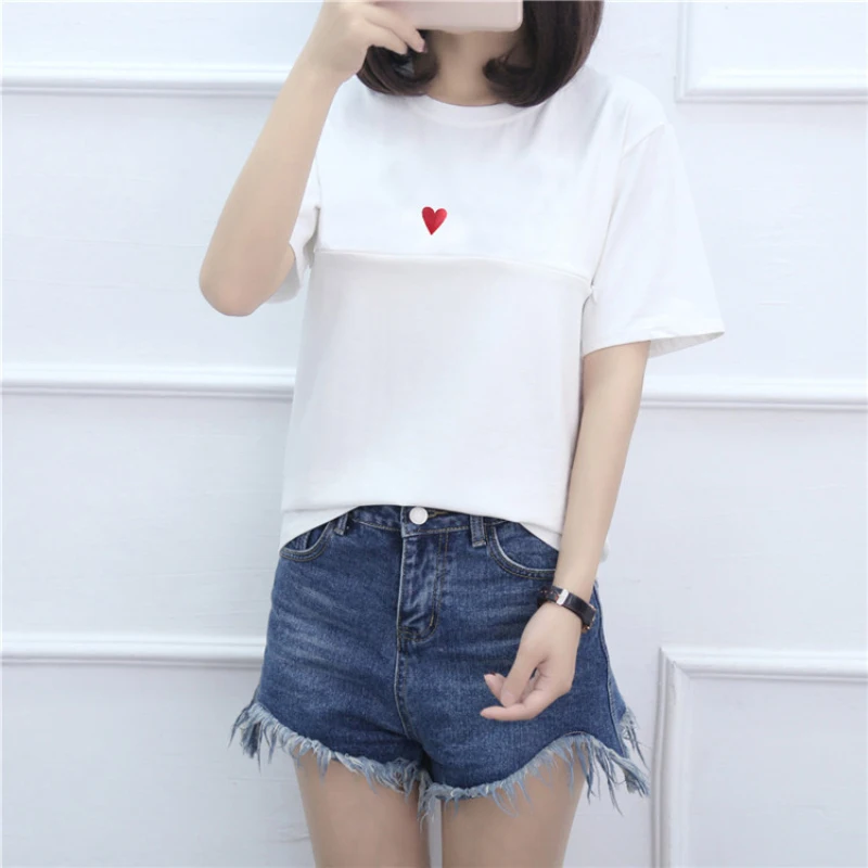 Nursing Zipper Tops Breastfeeding T Shirts for Pregnant Summer Embarazada Short Sleeve Heart Embroidery Tee Maternity Clothes | Мать и