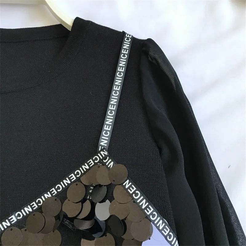 Neploe поддельные две Piees блестящие блестками Blusas с буквенным принтом грациозная женская блузка Весна Осень Новая Модная элегантная рубашка 69261