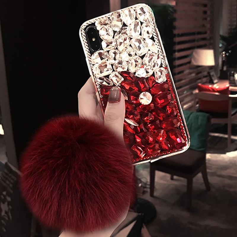 

Fashion Luxury Bling Crystal Rhinestone With Hairball Phone Case Cover For Huawei Honor10 20 30Lite V10 V20 V30 V40 7X 8X 9X Pro