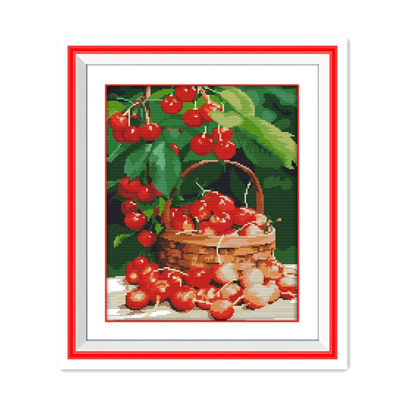 

Cherry tree fresh fruit sewing handmade cross stitch kit red fruit green leaves white cloth printing diy embroidery
