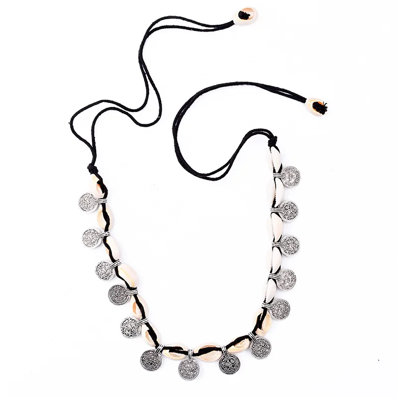 Бохо оболочка чокер ожерелье морской пляж Посеребренная монета кулон