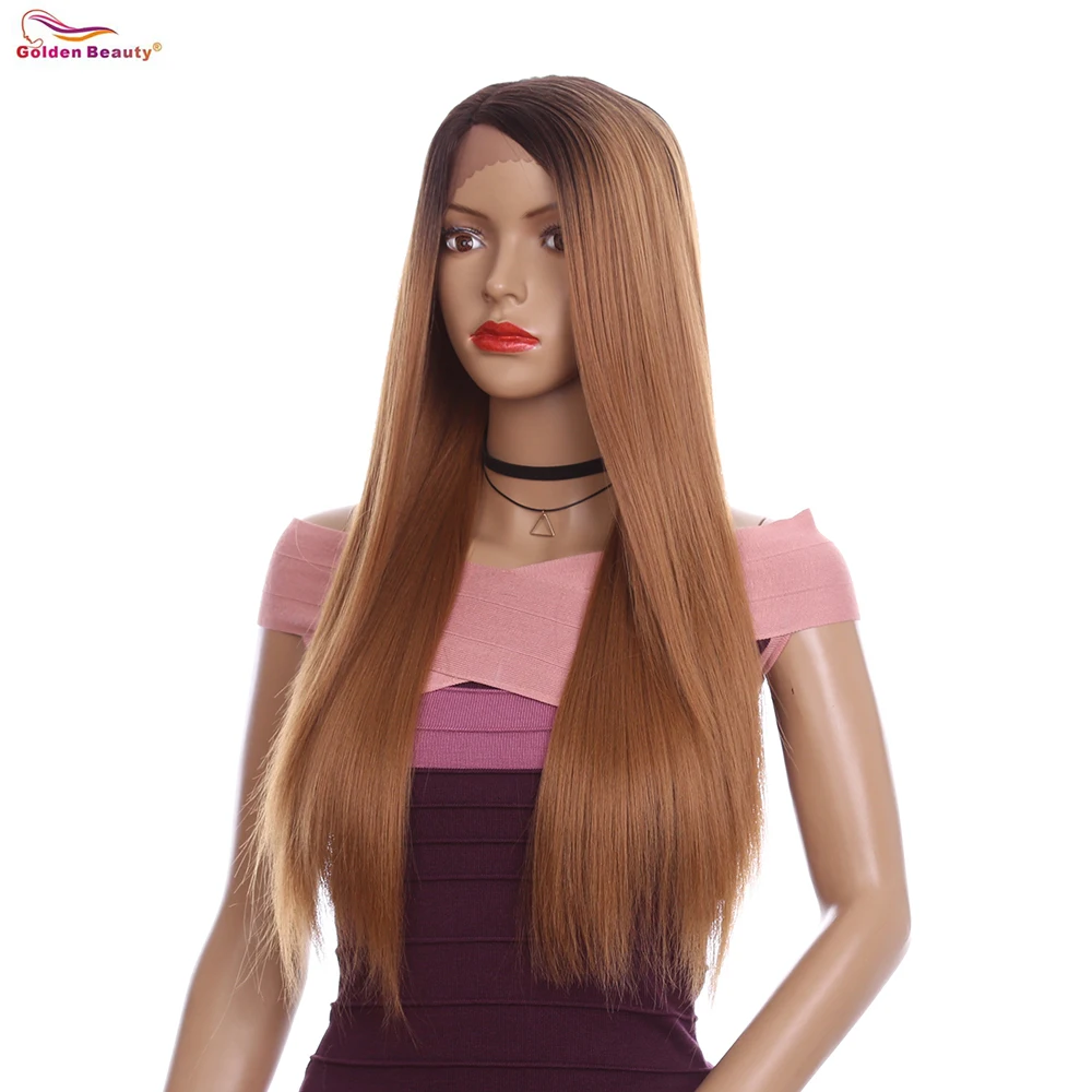 Ombre Glueless парики на кружеве 2 тона цвет боковая часть длинные Натуральные Прямые теплообменные синтетические волосы золотой красоты