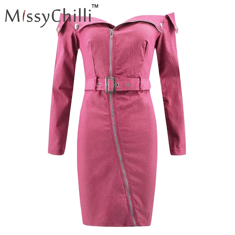 Rose red MissyChilli, сексуальные джинсовые платья с открытыми плечами, для женщин, на молнии, с длинным рукавом, облегающее платье, для девушек, черные, Осенние, вечерние, мини-джинсы, платье - Цвет: Rose red