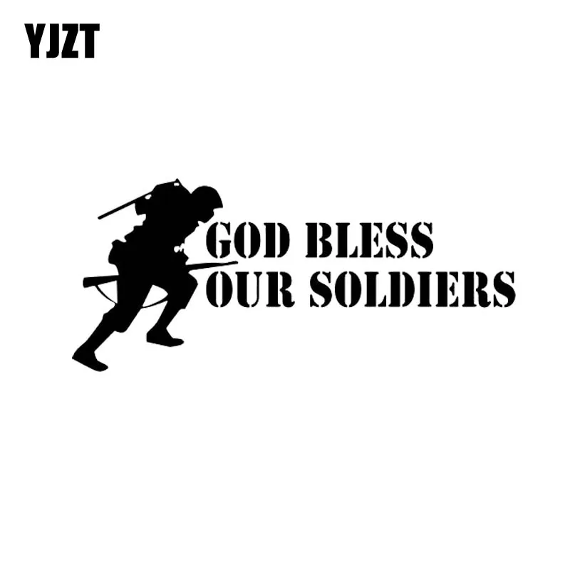 

YJZT 13.4*5.9CM God Bless Our Assualt Serious Soldiers Covering The Body Warrior Car Sticker Black/Silver Vinyl C21-0002