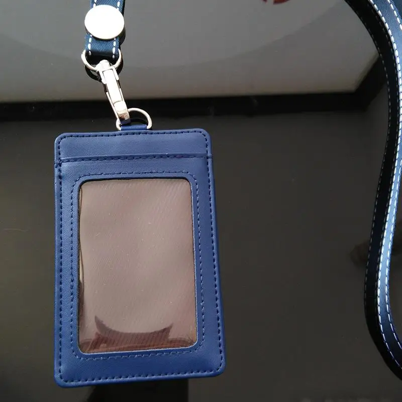 Кожаный бейджик Кредитная рамка открытки карта памяти чехол Lanyards держатель удостоверения личности держатель карточки на шею крышка лента-держатель для бейджей - Цвет: blue