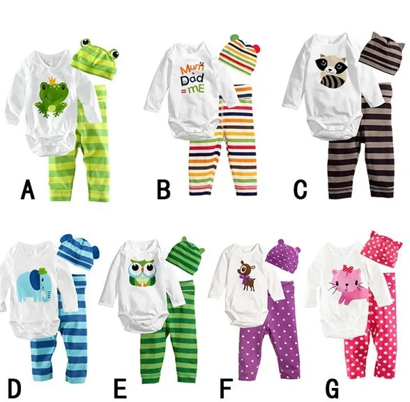 

New Baby Girls Boy Pajamas Cotton Bodysuits Nightclothes Climbing Clothes Sets long sleeve Romper Hat Pants Three-Piece