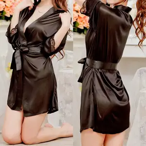 1 шт., черное атласное кружевное шелковое женское нижнее белье, ночная рубашка, женские халаты, одежда для сна, женский сексуальный халат