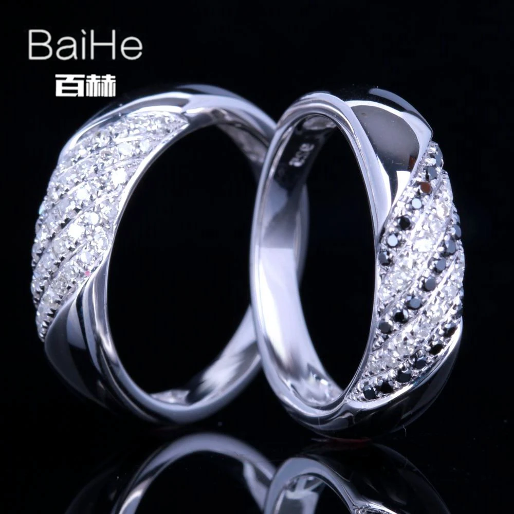BAIHE Solid 14 K белое золото(AU585) 0.6CT сертифицированное H/SI круглое натуральное бриллиантовое черное бриллиантовое свадебное тонкое Ювелирное кольцо
