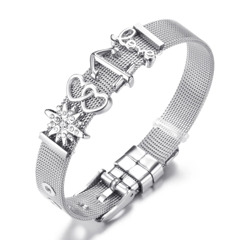 

Drosphipp Adjustable Stainless Steel Woman Men Bracelet Mesh Bracelet Crystal Star Anchor Charm Brand Bracelet For Women Gifts