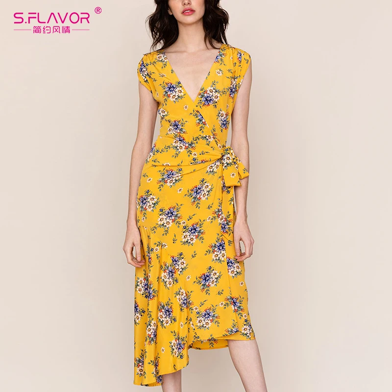 S.FLAVOR Women V-neck printing long vestidos good quality Casual Spring Summer dress Popular sleeveless Sexy Printing Dress