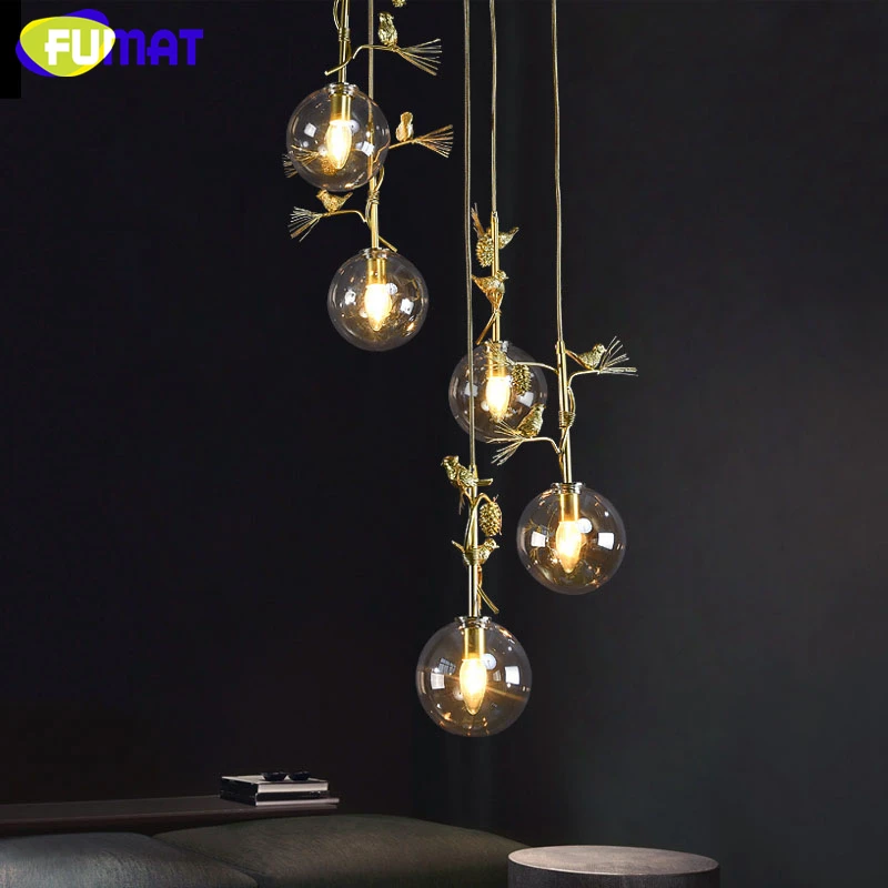 値段 FUMAT アーティチョーク鳥ゴールドガラスボール天井ランプシャンデリアスパイラル階段ヴィラ G4 LED モダンなスタイルペントハウス層ライト