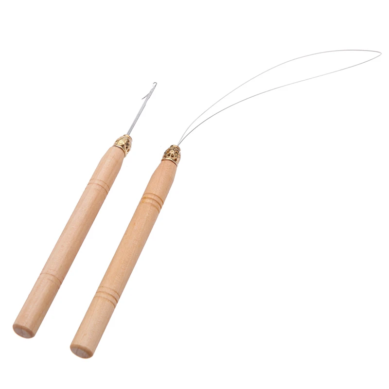 New 2Pcs Hair Extension Hook Pulling Tool Needle Threader Micro Rings Link Beads Loop Wooden Handle With Iron Wire Wholesale | Шиньоны и
