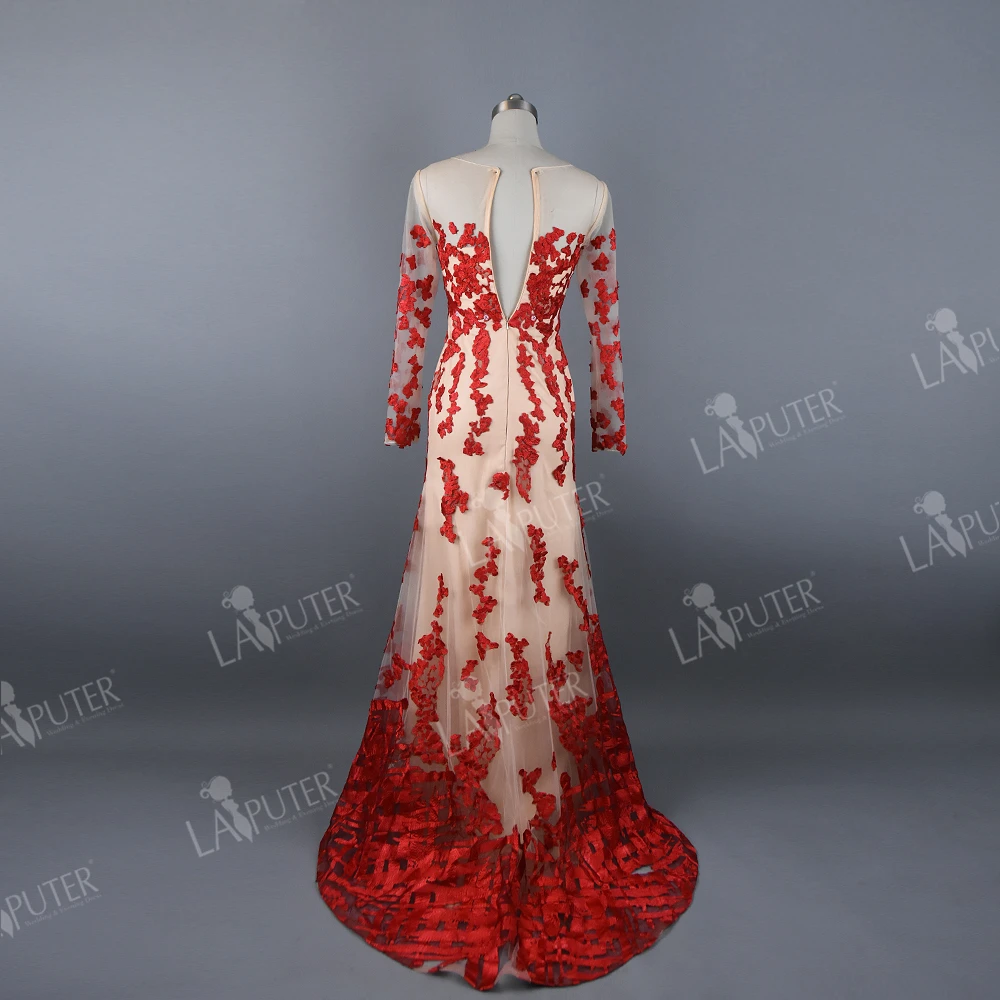 Real Photos Sheer O-neck Tulle Red Evening Dress with Puffy Removable Skirt Lace Applique Floor Length Prom Party Arabic | Свадьбы и
