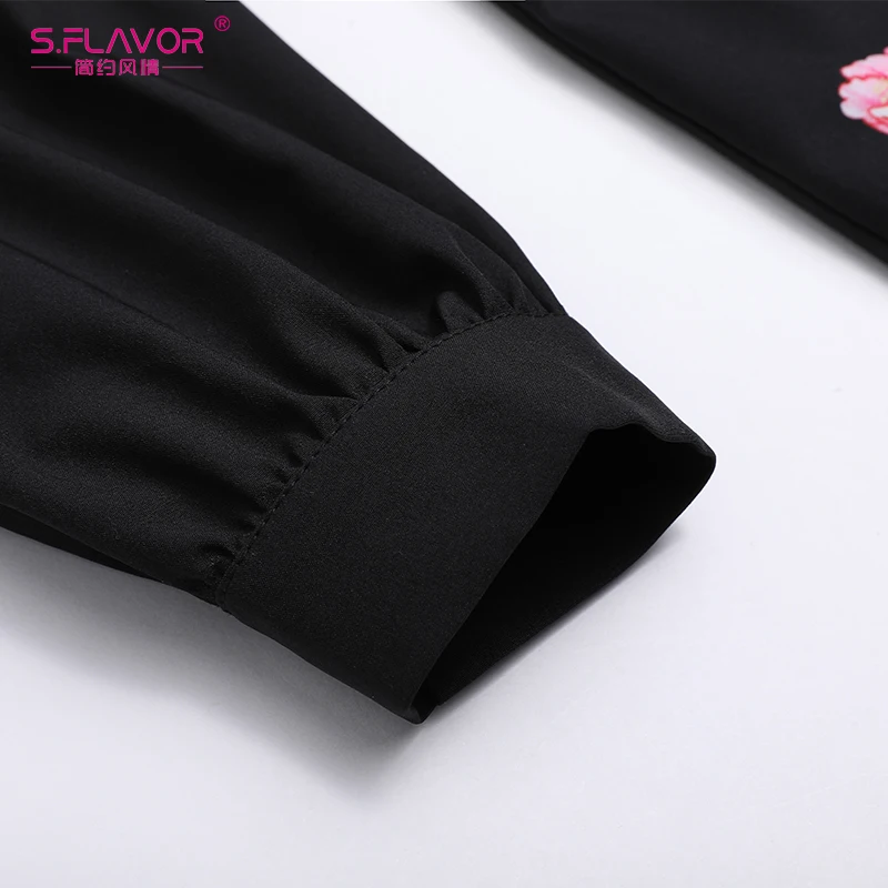 S.FLAVOR Women Autumn winter dress hot sale turn down collor long sleeve Elegant shirt style printing vestidos | Женская одежда