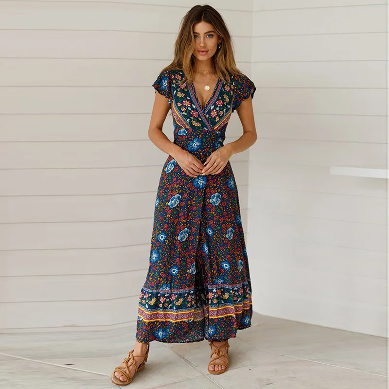 Женское сексуальное платье с V образным вырезом и высоким разрезом Boho Летнее