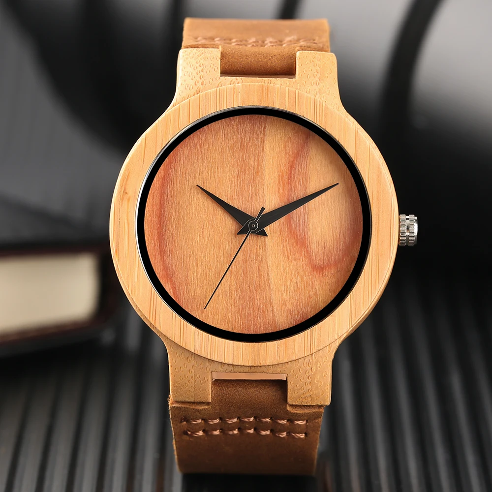 

Fashion Men's Watch Bamboo Wood Watches Luxury Japan Quartz Movement Genuine Leather Band Creative Clock For Lover's Cool Gifts