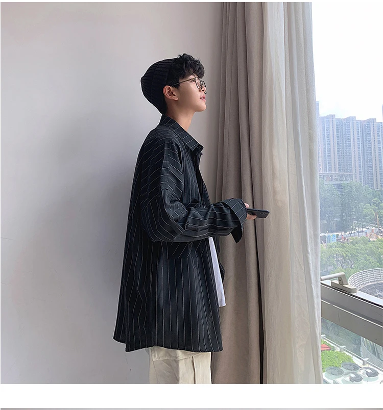 LAPPSTER Men Stiped Shirts Streetwear Casual Man Black Oversized Shirts White Harajuku Vintage Long Sleeve Shirt For Men