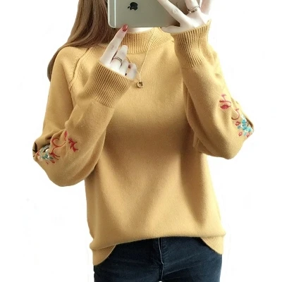 2021 Autumn Winter Floral Embroidery Knitted Sweater Women Pull Femme jersey jumper Tops sweaters and pullovers | Женская одежда