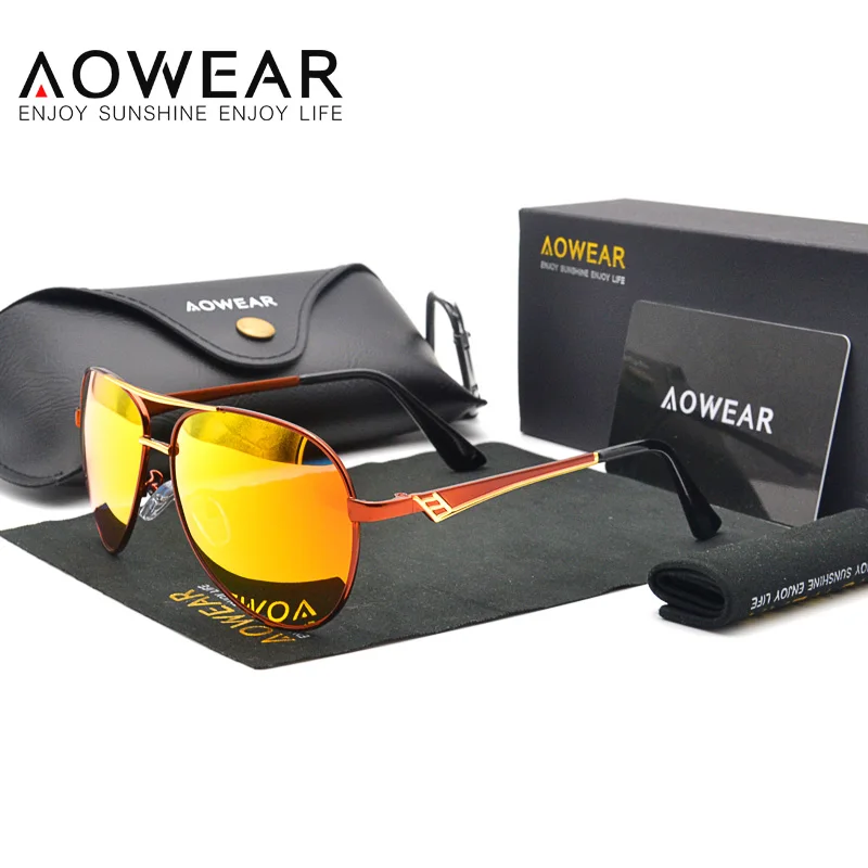 AOWEAR Роскошные брендовые дизайнерские классические авиационные солнцезащитные очки, мужские Поляризованные солнечные очки из сплава с синим покрытием для вождения, Gafas De Sol Hombr