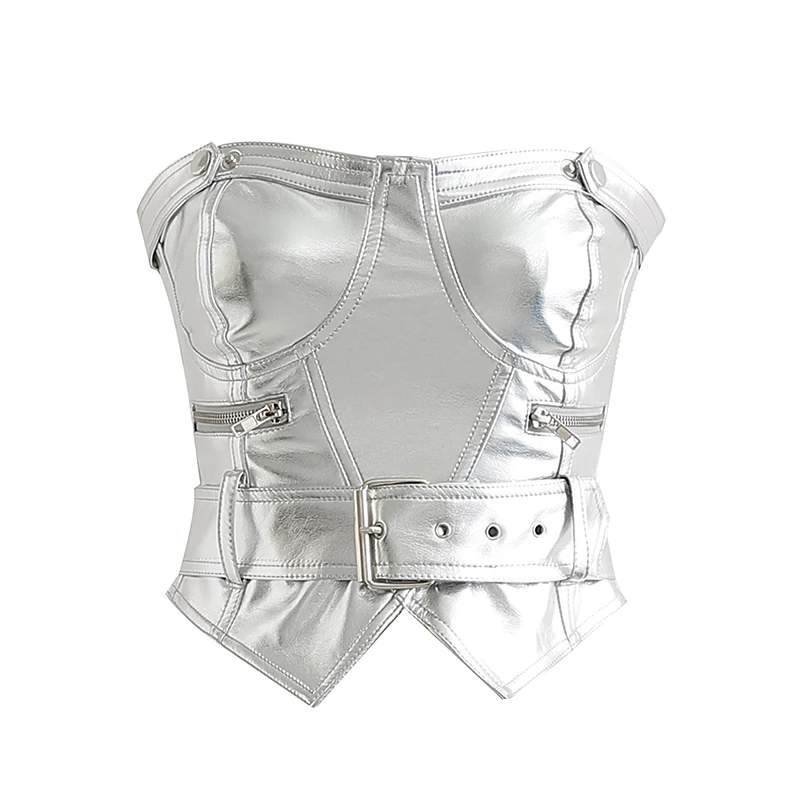 Summer top 2019 fashion sexy crop silver womens clothing off shoulder pu tank | Женская одежда