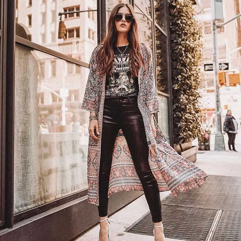 Богемный Вдохновленный пляжное кимоно пуговицы спереди boho длинный дизайн