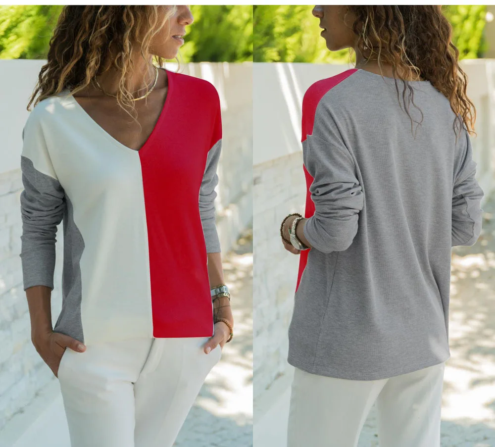 Fashion Women Patchwork Blouse Shirt Sexy V Neck Long Sleeve Tops Female Casual Shirts |