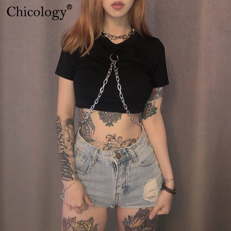 Женская футболка с коротким рукавом Chicology chain готический укороченный топ из