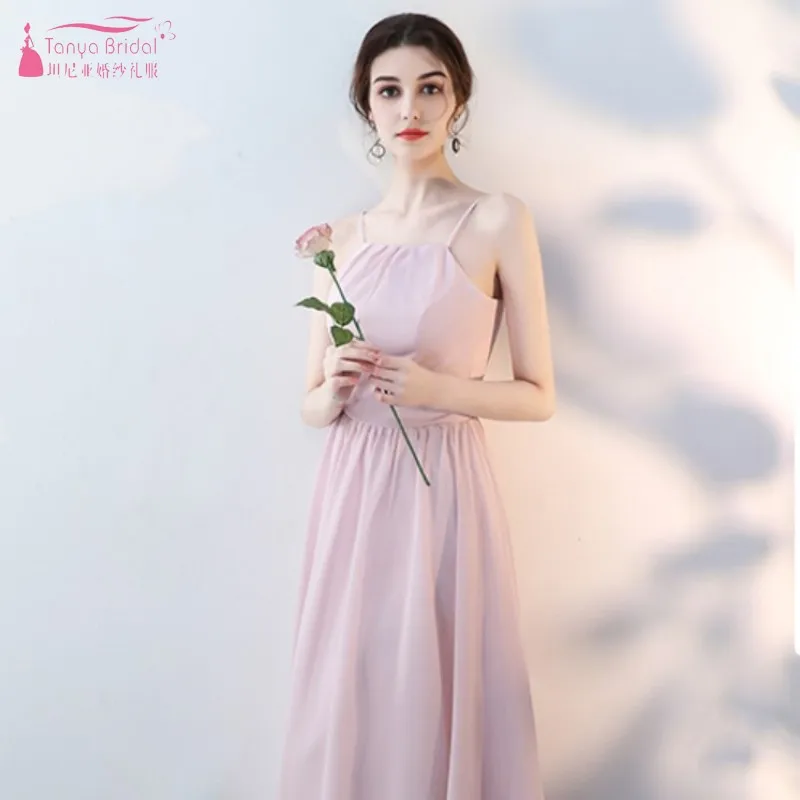 

Simple Blush Pink A LIne Long Chiffon Bridesmaid Dresses 2019 Lace Up Wedding Party Dress For Women Prom Wear JQ75