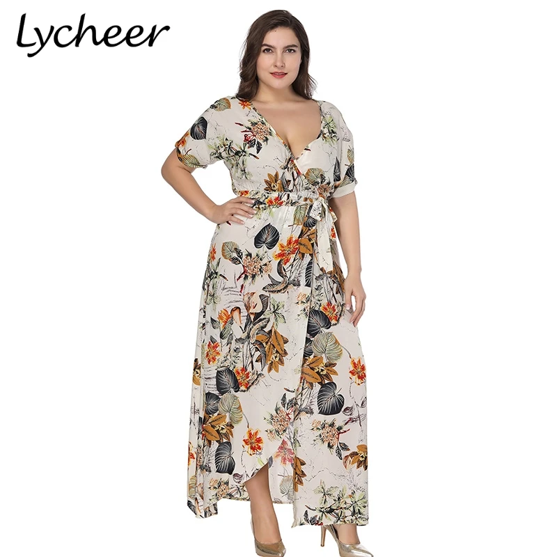 Женское пляжное платье Lycheer длинное большого размера с коротким рукавом и
