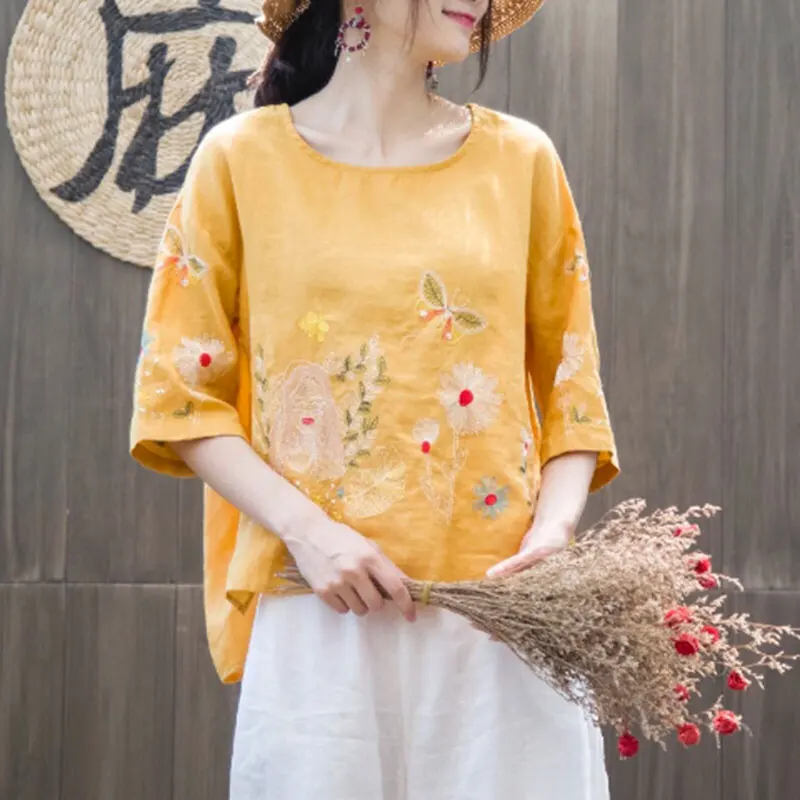 F&ampje New Summer Women Tshirt Plus Size Flower Embroidery Vintage Cotton Linen Tee Shirt Femme Short Sleeve O-neck Tops Big HXJ14 | Женская
