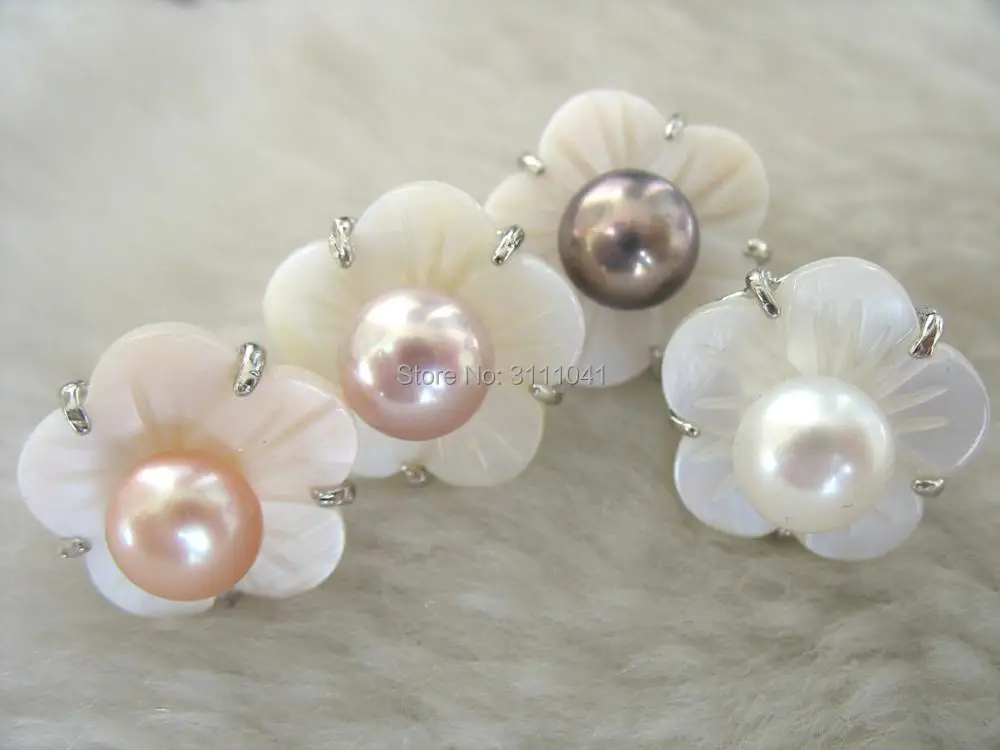 

4pairs freshwater pearl white/pink /purple flower stud 7-9mm earrings wholesale beads nature FPPJ woman 2017