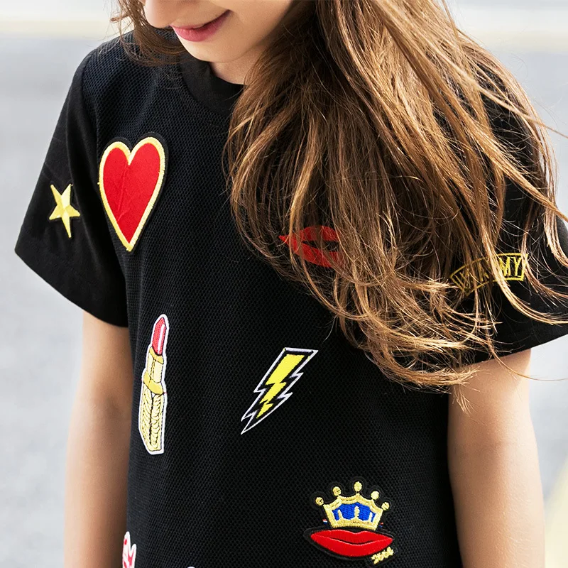 Супер Сладкие Аппликации Черный С Короткими Рукавами Летнее Платье Девушка