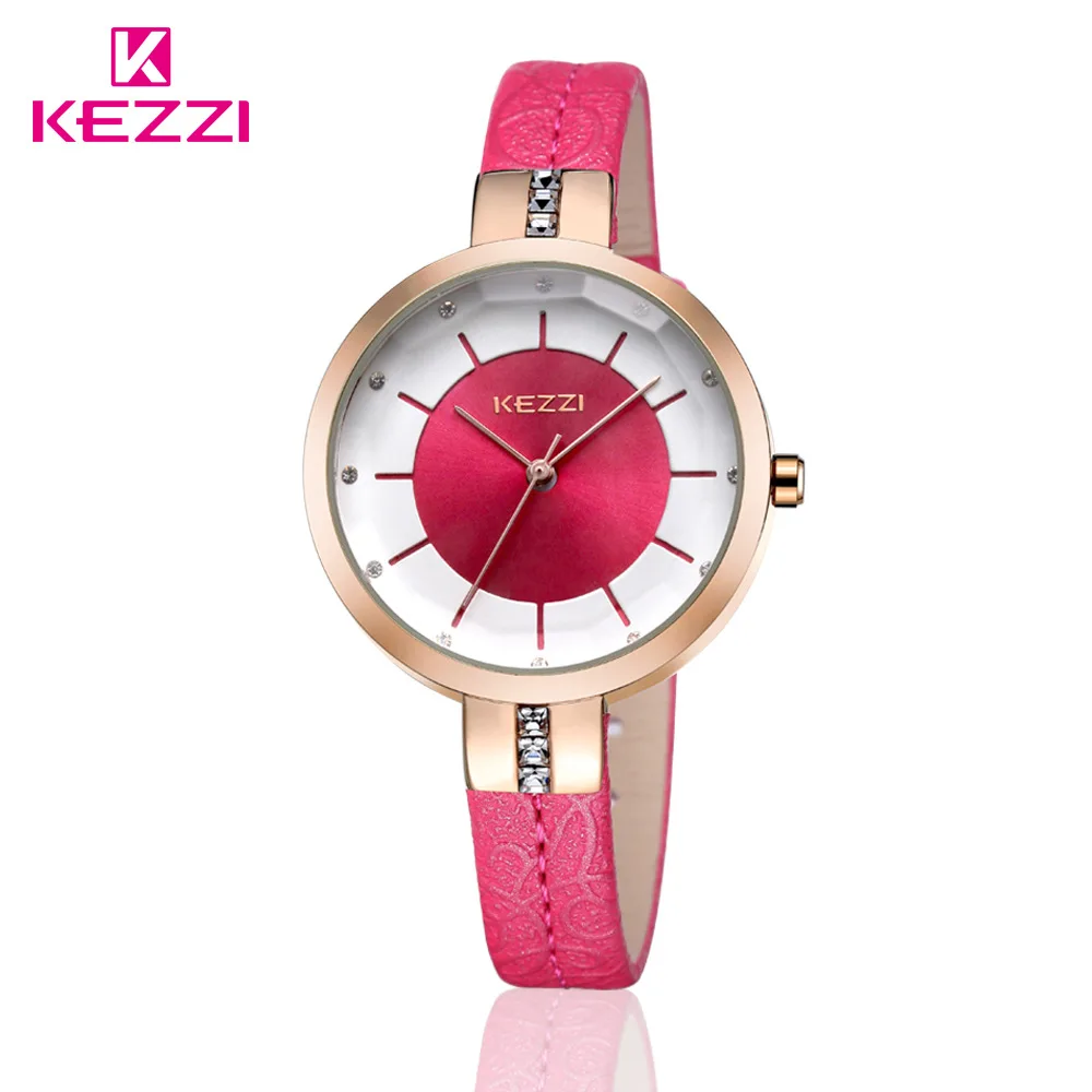 rose red watch KEZZI Брендовые женские наручные часы с кожаным ремешком, модные инкрустационные стразы, Простой циферблат, японский кварцевый механизм, женские часы - Цвет: rose red watch