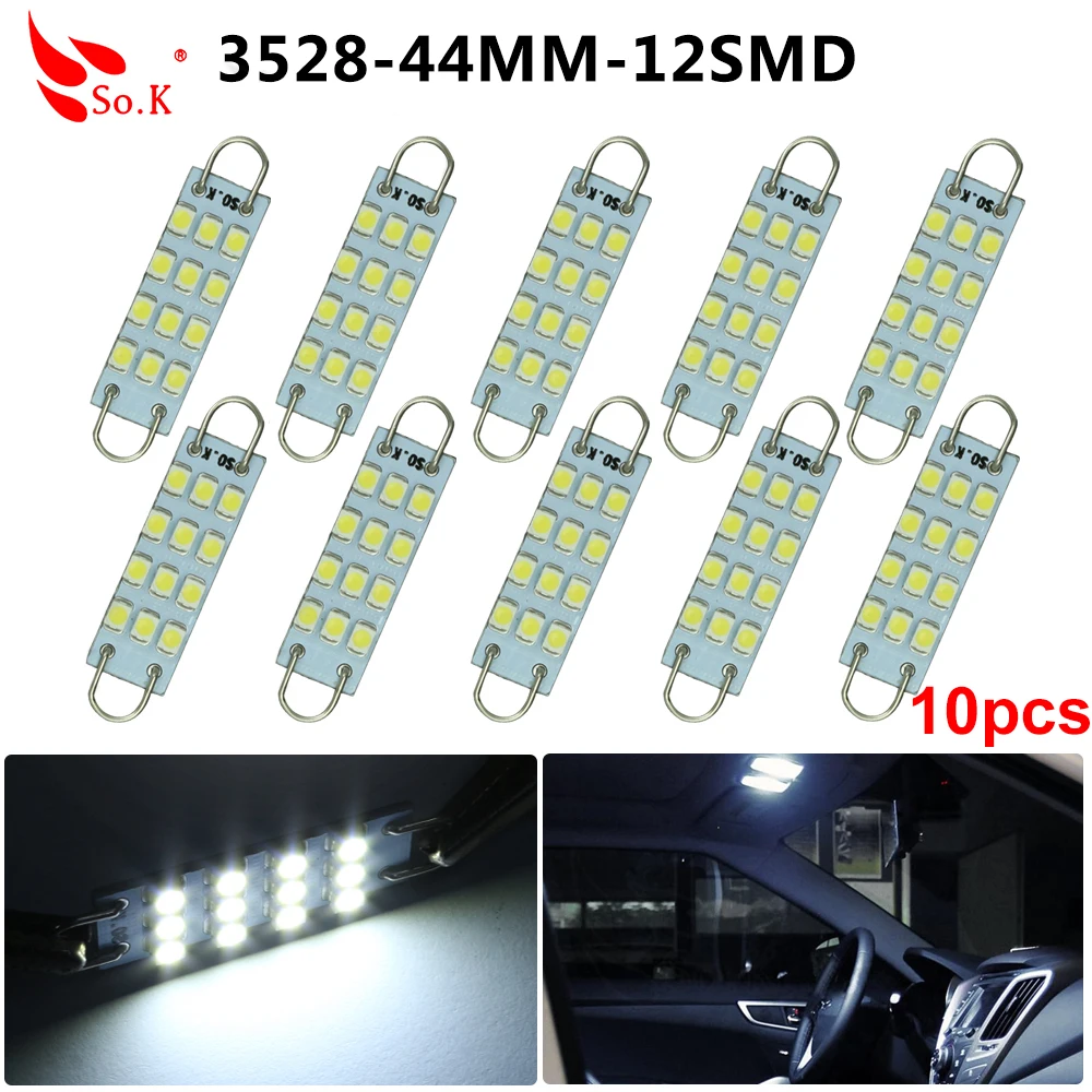 

10pcs Festoon 44mm LED Car Lights White 12 SMD LED Rigid Loop 1.73" Light Bulbs 561 562 567 Cargo Light 12V Auto Interior Lights