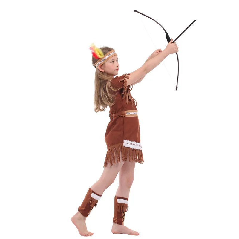 

M-XL Girls Primitive Indian traditional Cosplay Kids Halloween hunter costume for Children Carnival Purim Stage play party dress