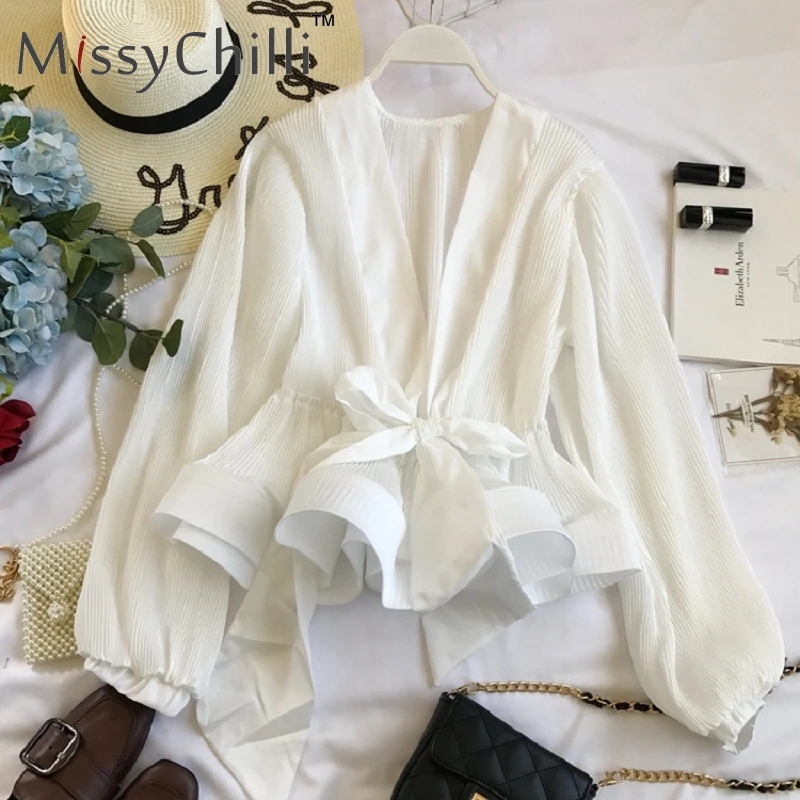 MissyChilli, белая шифоновая плиссированная Сексуальная Блузка с v-образным вырезом, рубашка, женские блузки с бантом и рюшами, женские летние повседневные топы с рукавом-фонариком