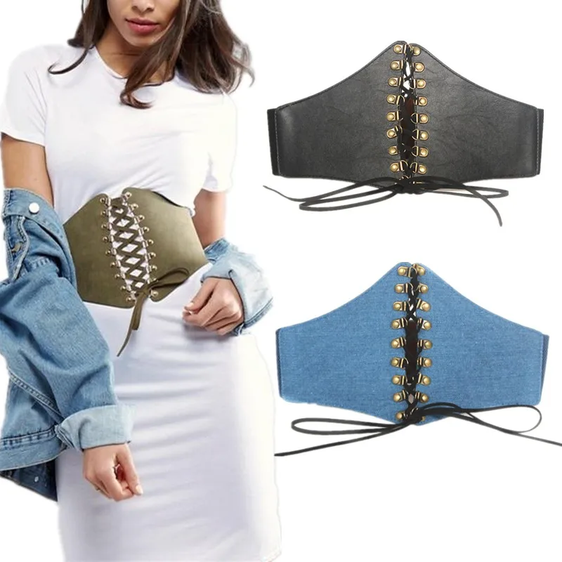 Hot Women's ultra Plus wide belt Jeans Fabric Elastic corset Belt Punk Rivet Tied Waist belt Girl Clothes Decoration
