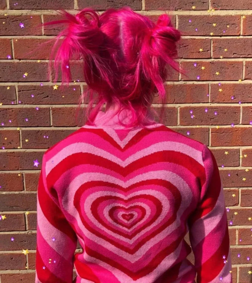 Sweet cute kawaii streetwear gradient pink heart kaleidoscope sweater women knitting pullovers | Женская одежда