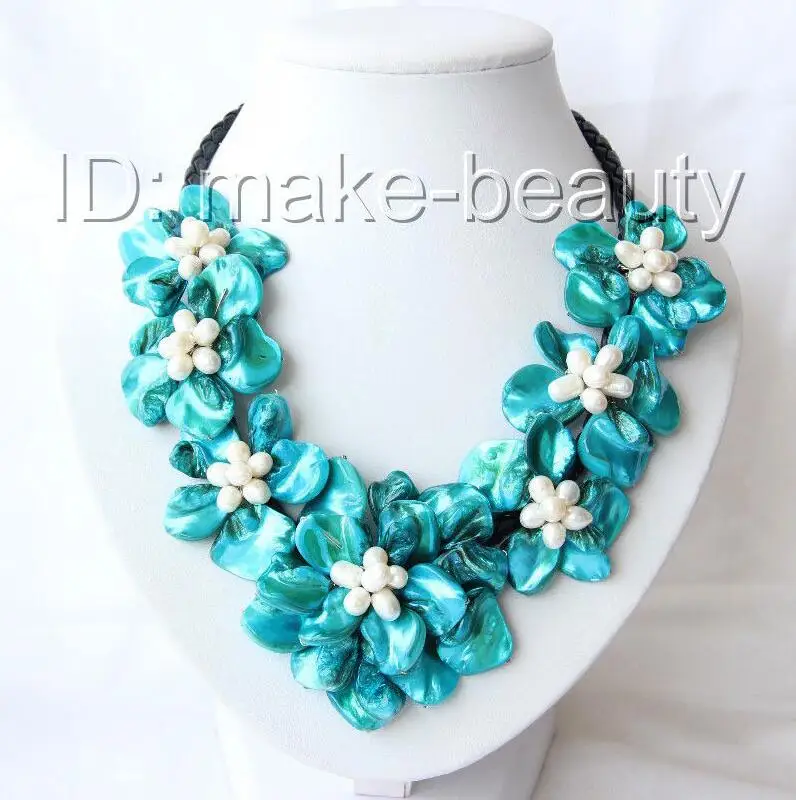 classic white baroque freshwater pearl black shell flower leather necklace | Украшения и аксессуары