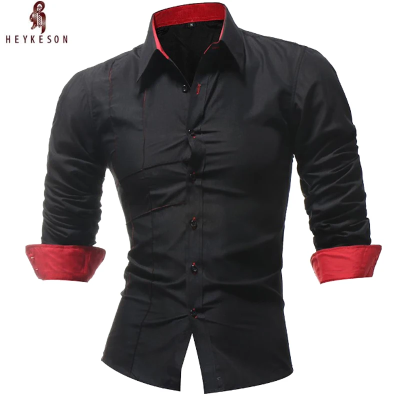 HEYKESON Brand 2018 High-Quality Fashion Male Shirt Long-Sleeves Tops Solid Color Mens Dress Shirts Slim Men M-4XL | Мужская одежда