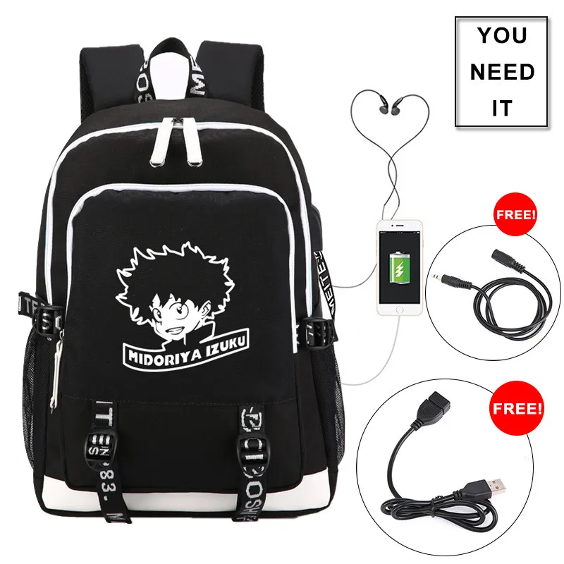 1 Рюкзак для ноутбука с зарядкой через usb My Hero Academy, нейлоновые школьные сумки, холщовый рюкзак для путешествий, женский рюкзак с аниме Midoriya Izuku Back Pack - Цвет: 1