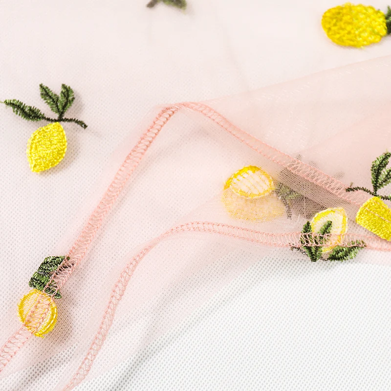 Mostnica Summer Beach Transparent Mesh T-shirt for Woman Sexy Pineapple and Lemon Embroidery Short Sleeves Sheer Lady Tops 2019 | Женская