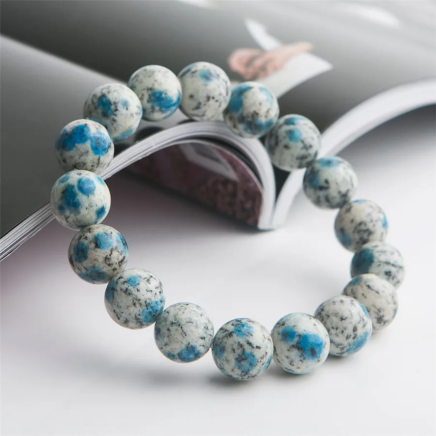 

Natural K2 Blue Jade Stone Bracelet 12mm Women Femme Stretch Crystal Big Round Beads Natural Bracelet AAAA